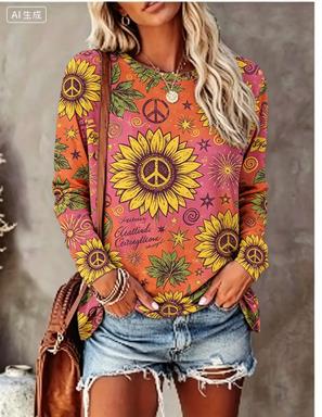 Winter Clothing For Woman - Women Long Sleeve T‑Shirt Hippie Daisy